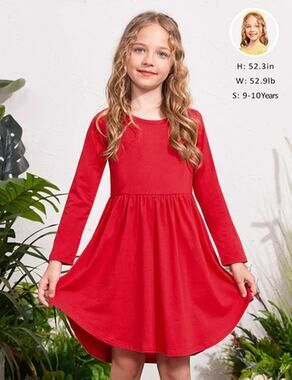 Arshiner Girls Red Long Sleeve A-Line Midi Dress w/ Pockets Youth 130/8 Years